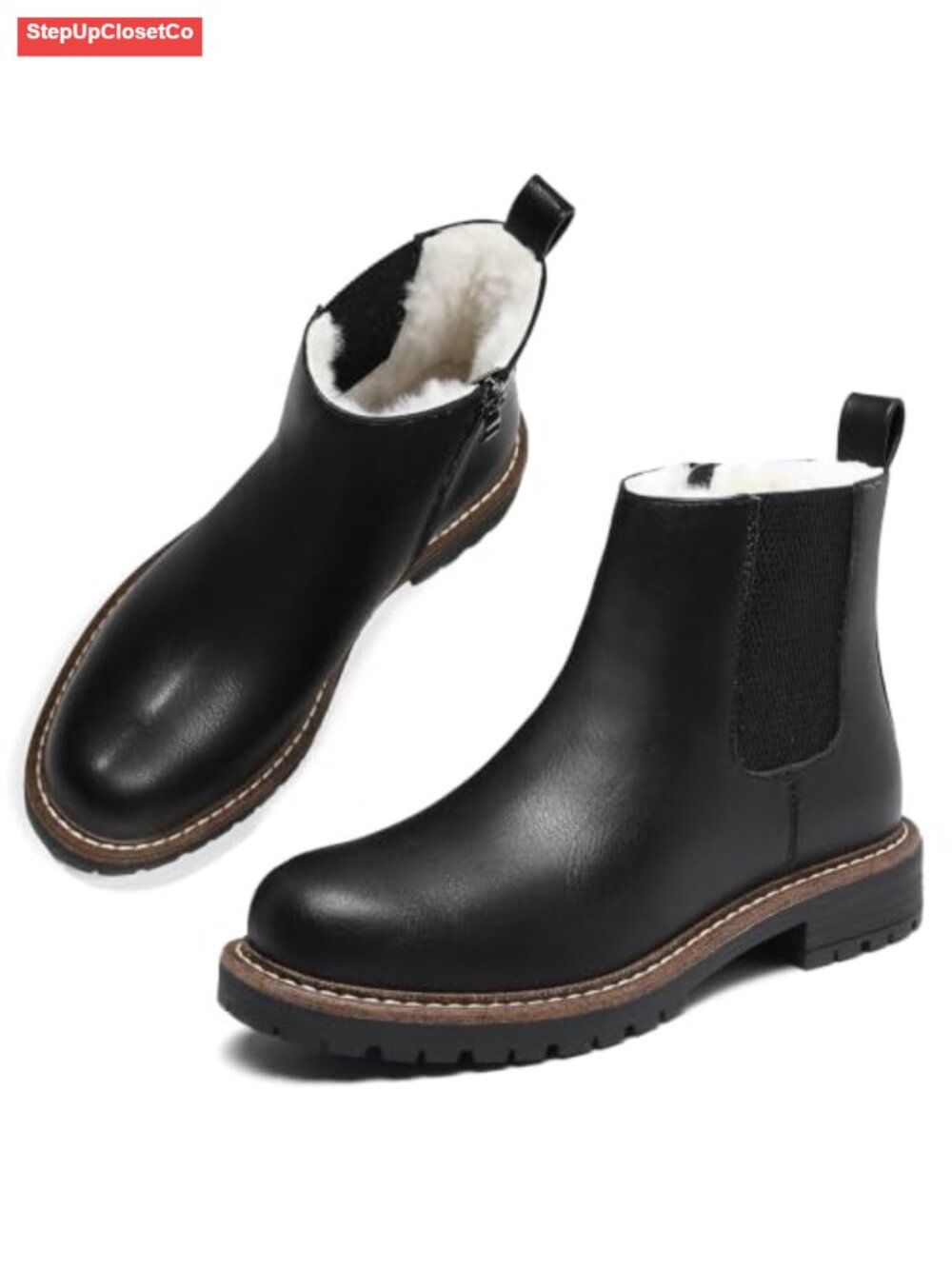 Warm Fur Lined Chelsea Boots Low Heel Ankle Side Zip Winter Shoes Women